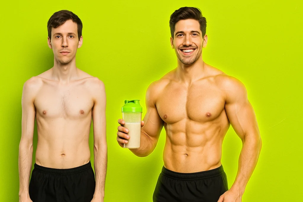 Before and after mass gainer transformation of an ectomorph male
