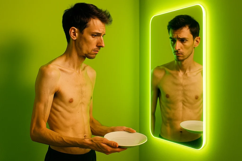 Skinny man struggling to gain weight looking at himself in the mirror
