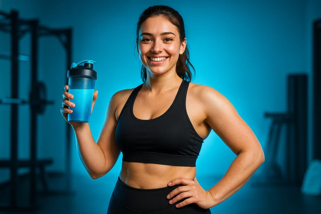 Real-life story of toned woman after using EAAs with shaker bottle and fitness gear