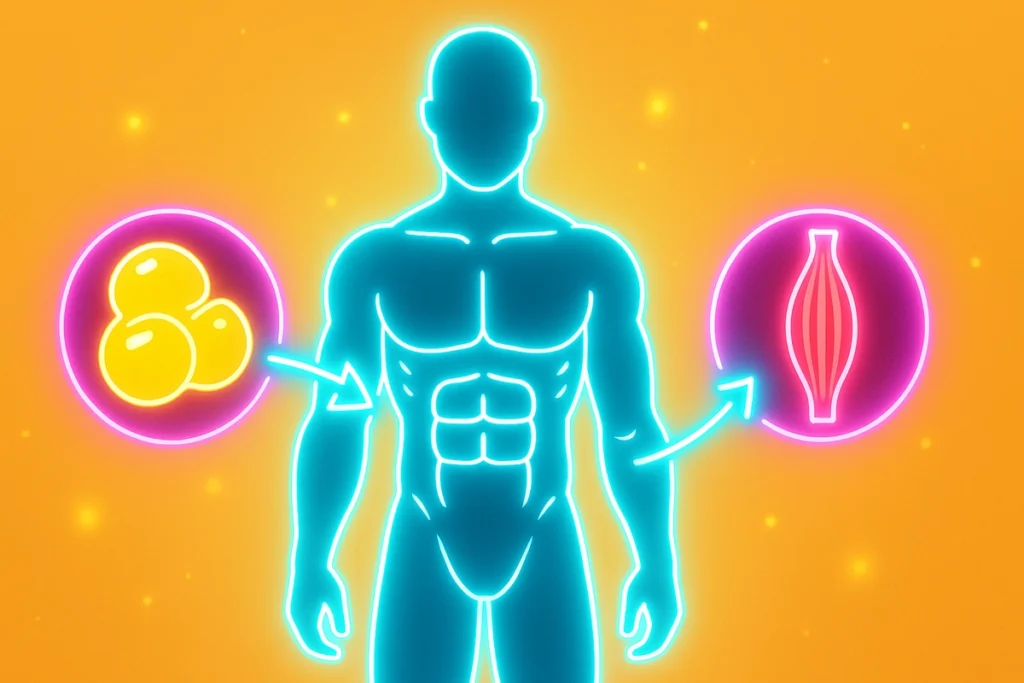 Body diagram showing fat burning and muscle breakdown during fasted cardio