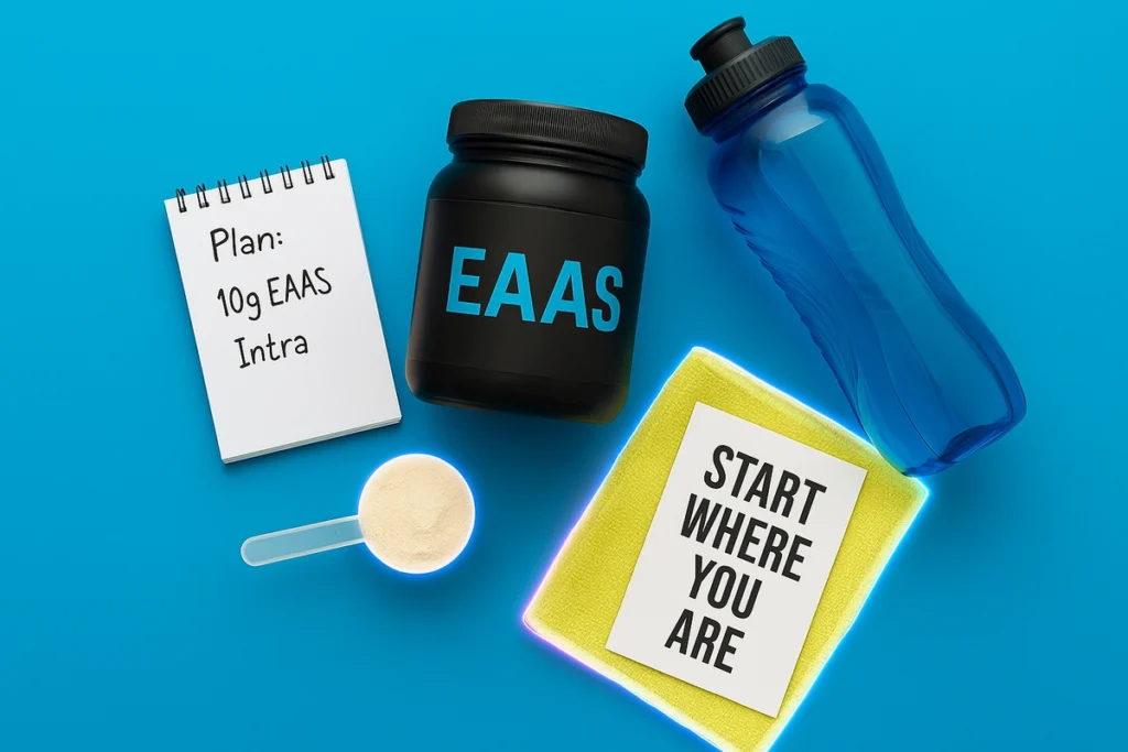 Flat lay with EAA plan and gym essentials promoting smart supplement usage