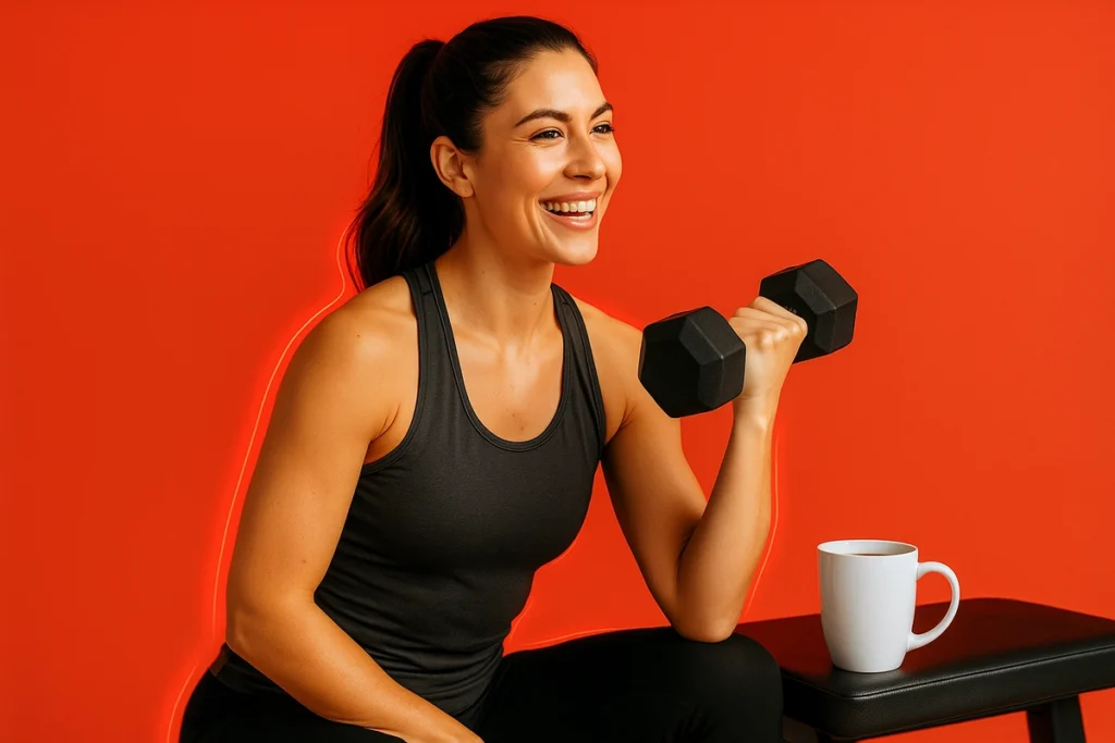 Athlete with coffee using natural caffeine for a powerful pre-workout boost