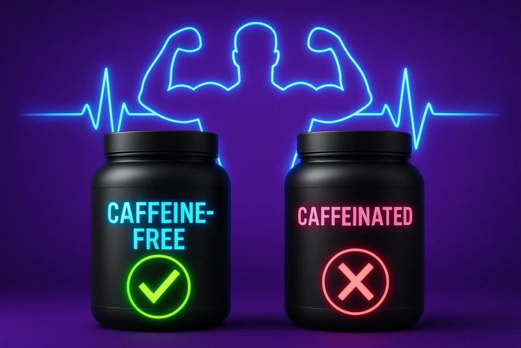 Visual comparison of caffeine-free and caffeinated beta-alanine supplements with emphasis on clean performance and recovery
