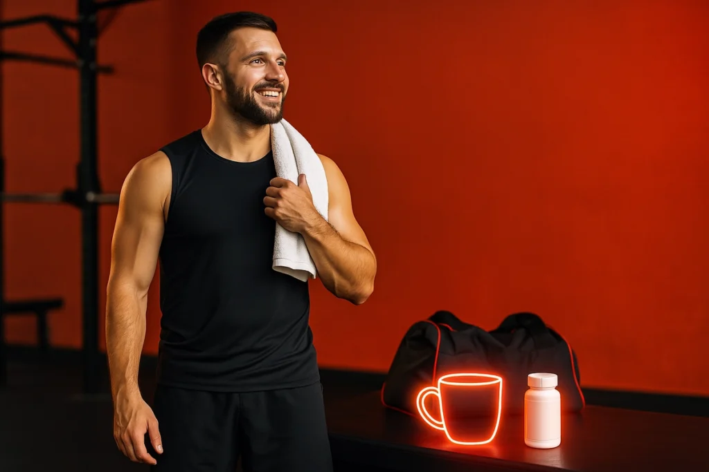 Athlete post-workout with coffee and caffeine pills side by side