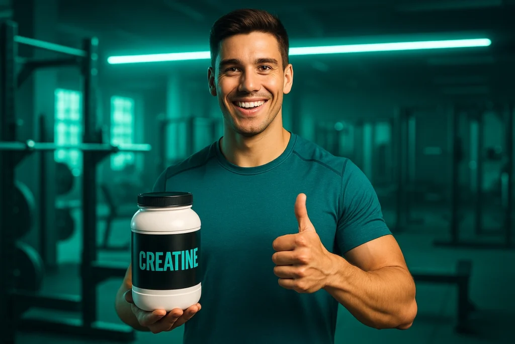 beginner holding creatine with thumbs up at gym as final verdict