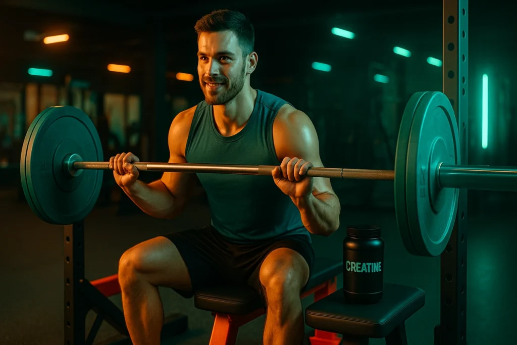 Focused athlete ready to lift, with creatine supplement visible, symbolizing final decision to add it to routine