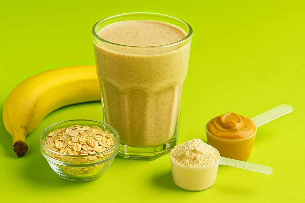 Healthy homemade mass gainer shake made with whey, oats, banana, and peanut butter