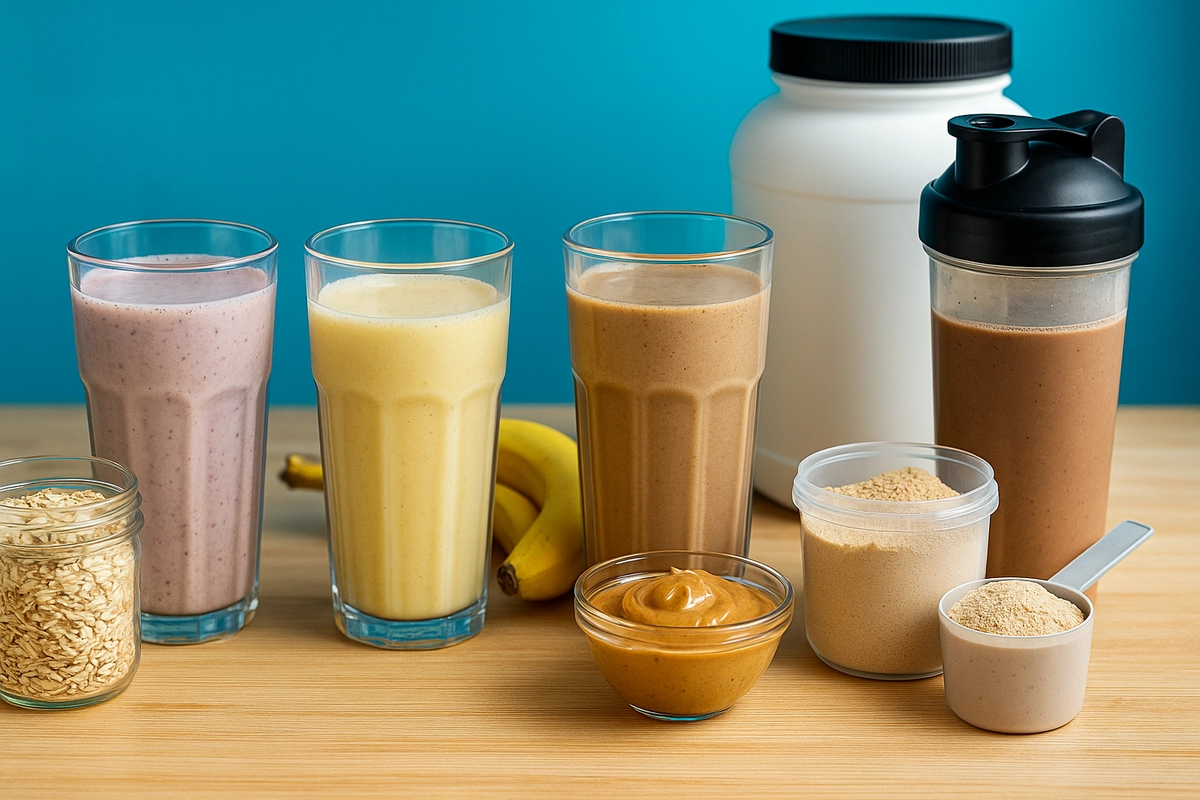 Homemade mass gainer shakes made with real food ingredients on a kitchen counter