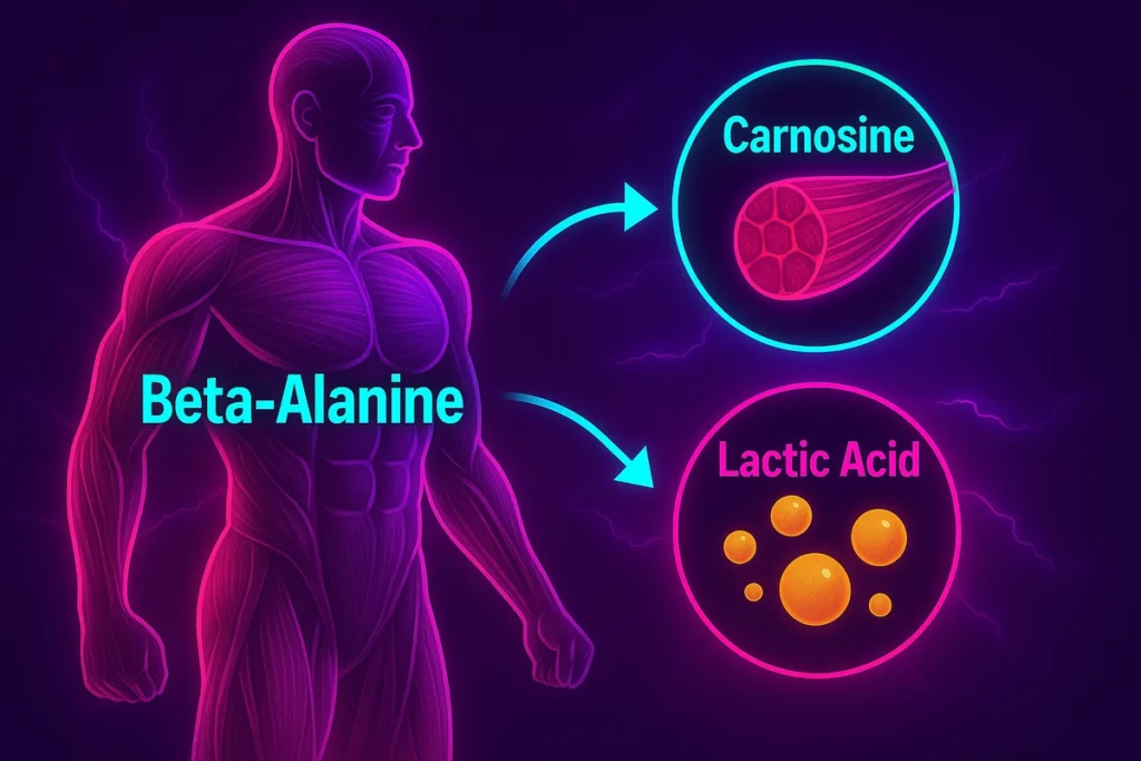 visual diagram showing beta-alanine increasing carnosine to reduce muscle acid buildup