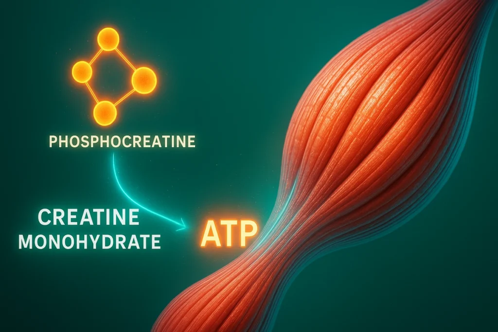 Visual of muscle energy production boosted by creatine monohydrate, showing ATP and phosphocreatine action