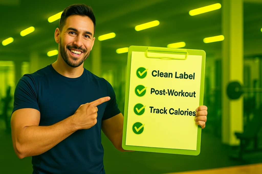 Fitness coach showing a checklist to prevent mass gainer side effects