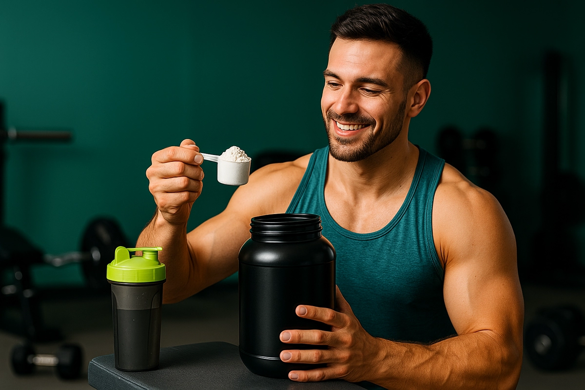 Fit man scooping creatine in gym during supplement routine