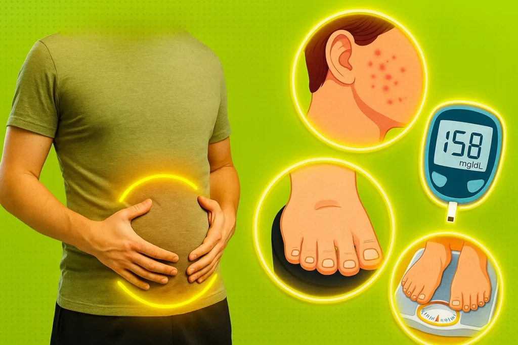 Collage of side effects from mass gainers including bloating, fat gain, and skin issues