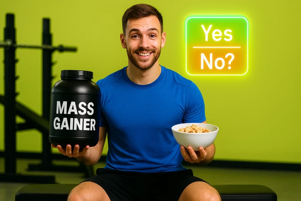 Coach comparing mass gainer supplement with real food while weighing pros and cons