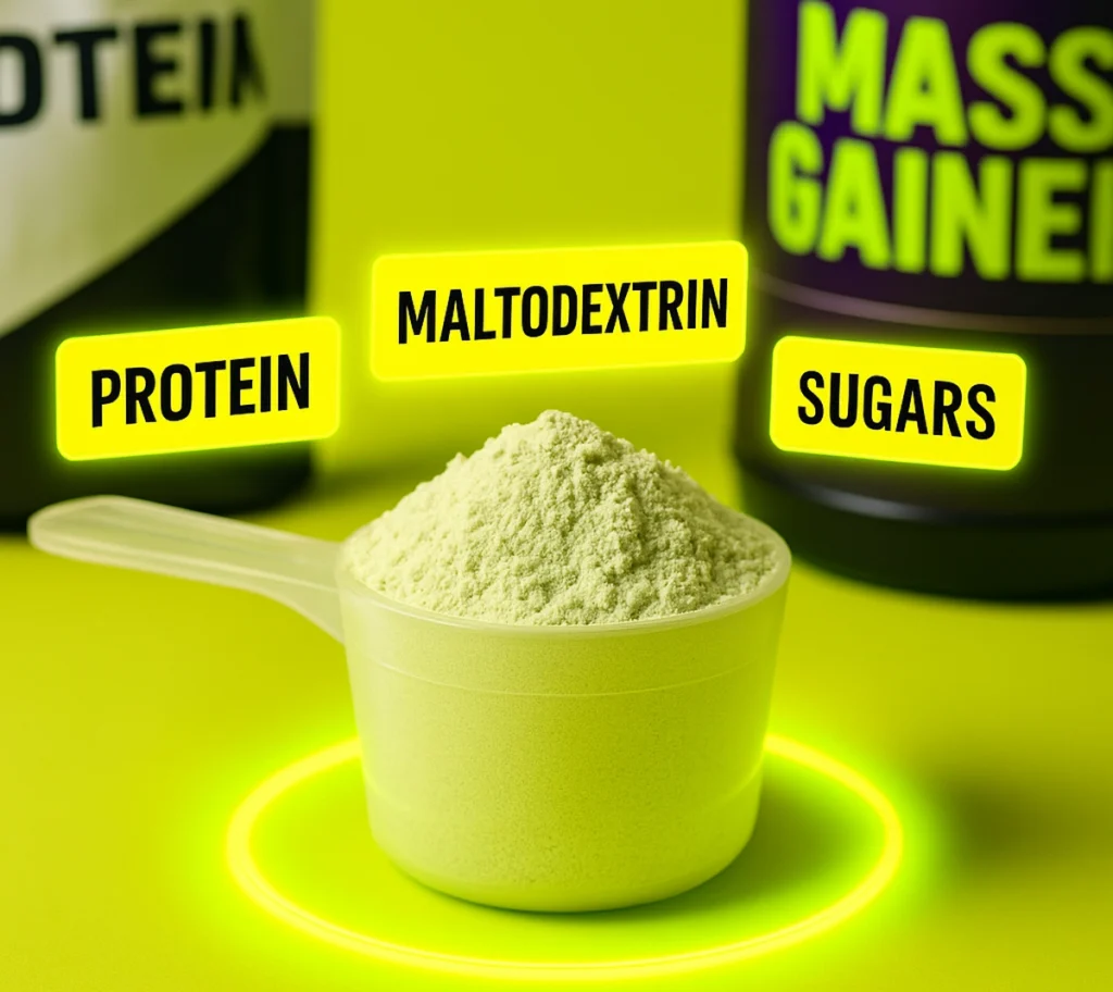 Mass gainer powder scoop with highlighted common ingredients like protein, maltodextrin, and sugars