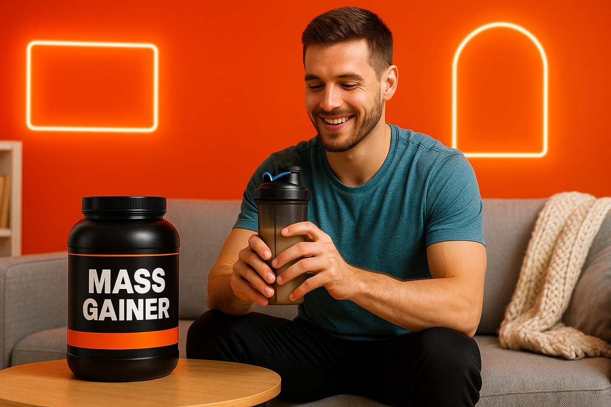 man drinking mass gainer on rest day at home with relaxed setting