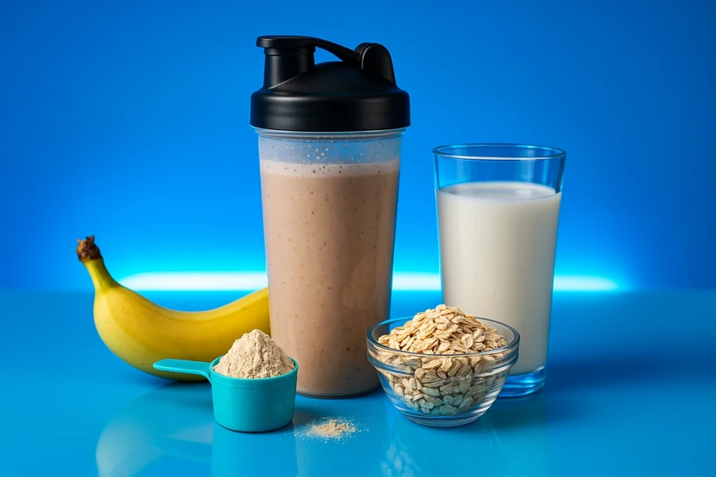 High-calorie muscle-building shake ingredients like oats, banana, whey, and milk