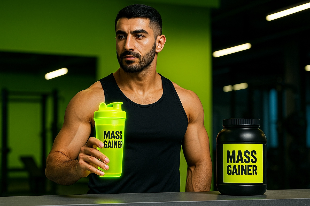 Fit man looking unsure while holding a mass gainer shake, representing possible side effects of mass gainers