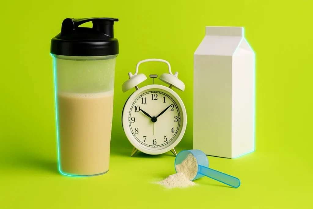 Post-workout mass gainer shake with milk and scoop on a table