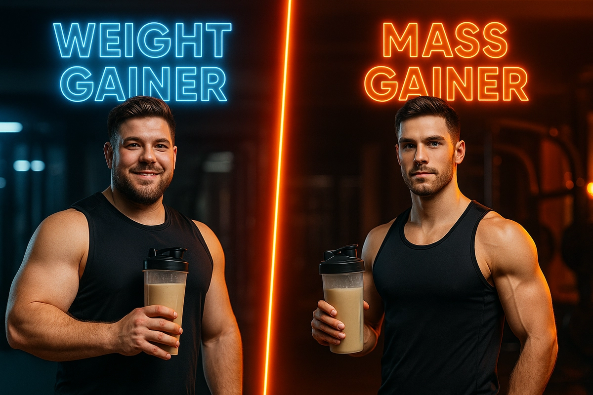 Mass gainer vs weight gainer comparison with athletes showing lean vs bulky physiques