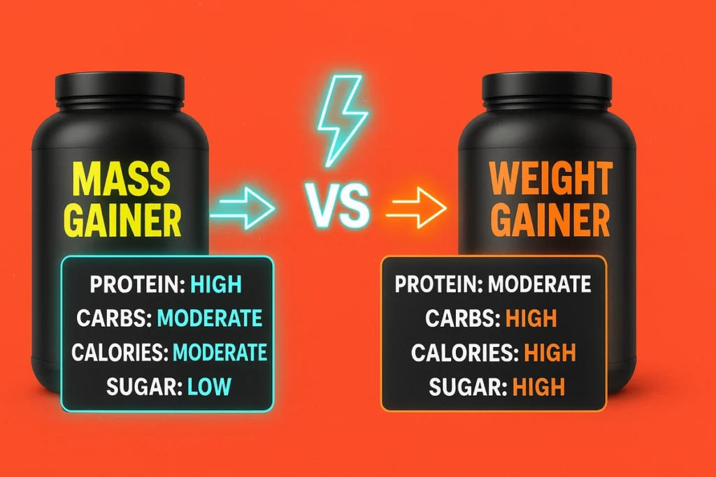 Visual chart comparing calories, protein, and macros of mass vs weight gainers