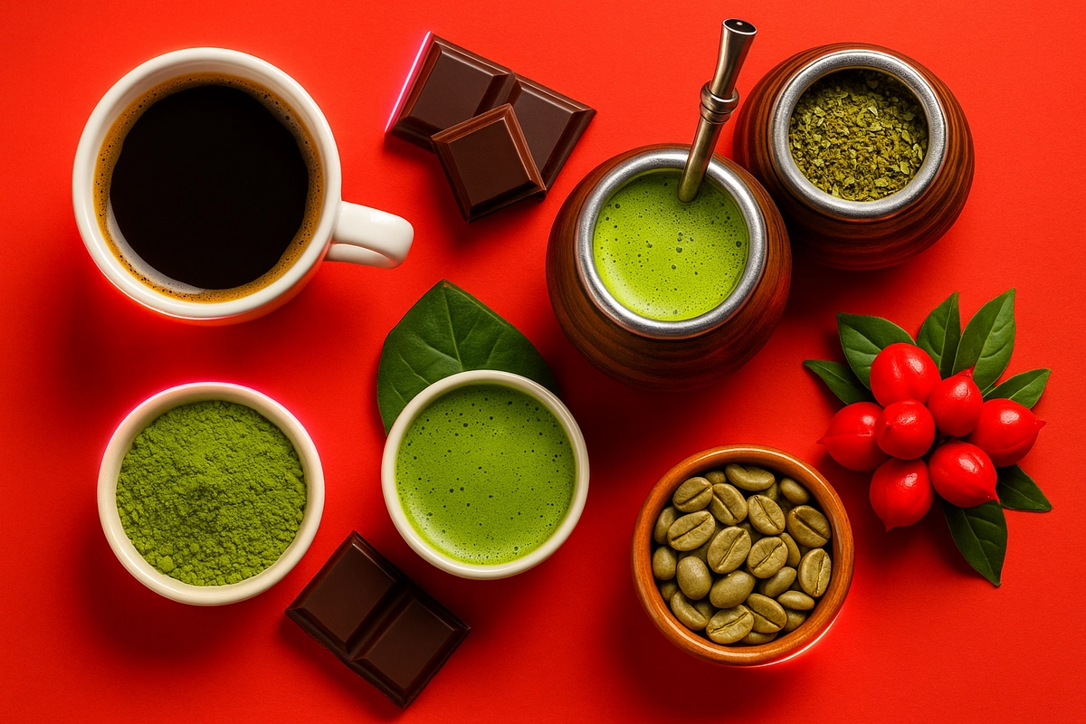 Natural caffeine sources like coffee, matcha, yerba mate, and dark chocolate for pre-workout energy boost