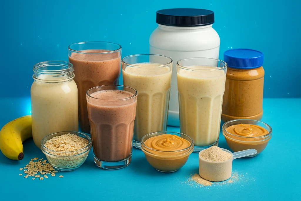 High-protein banana oat mass gainer shake in a glass for bulking