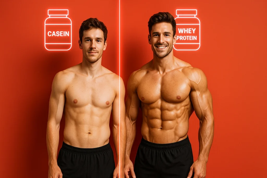 Physique transformation showing muscle gain from casein and whey isolate use