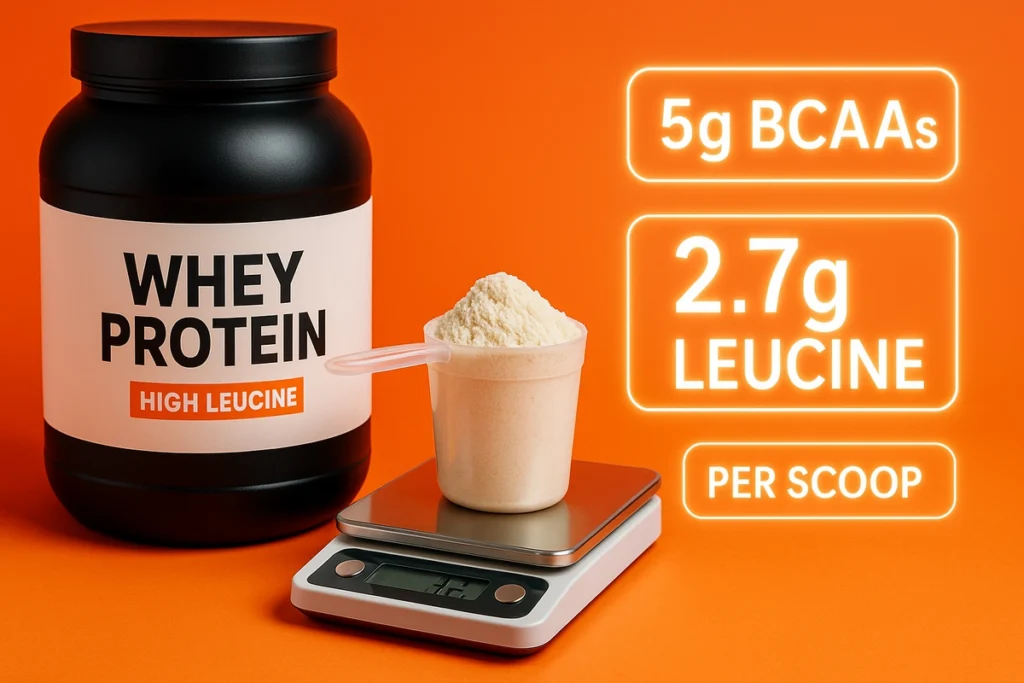Whey protein scoop showing BCAA content and leucine breakdown for muscle recovery