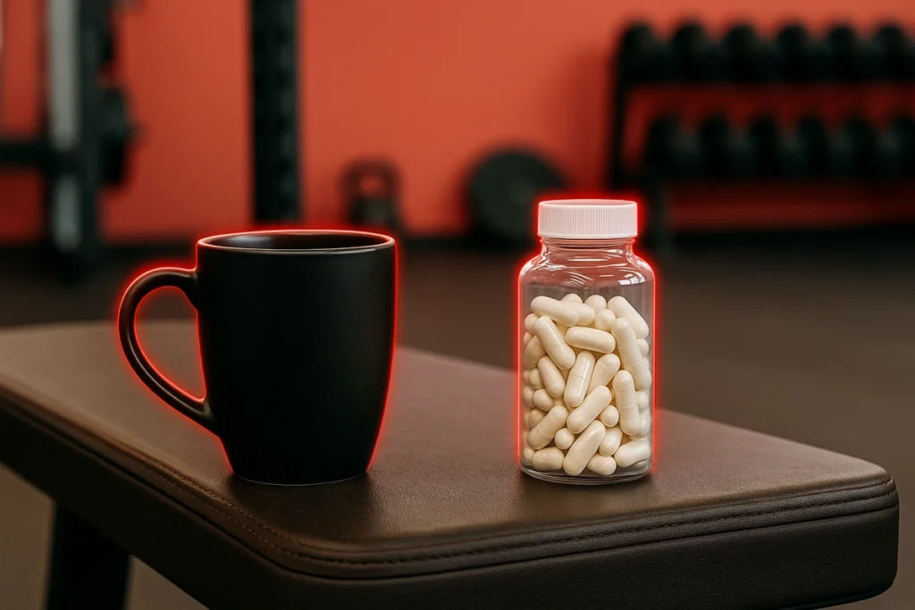 Coffee and caffeine pills on gym bench before workout