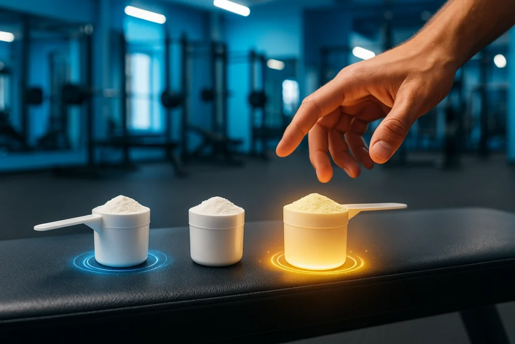 hand choosing between EAAs BCAAs and protein powder scoops