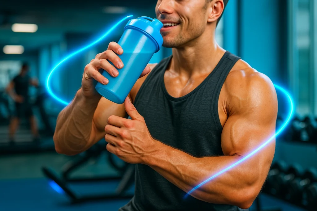 Hands holding EAA shaker during morning workout for muscle retention