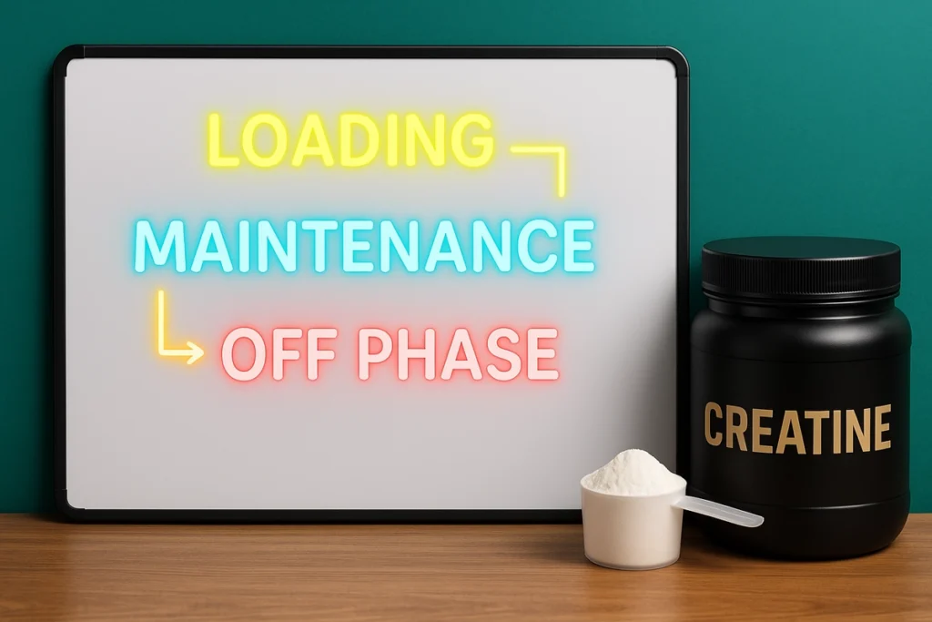 Creatine cycling plan showing loading, maintenance, and break phases