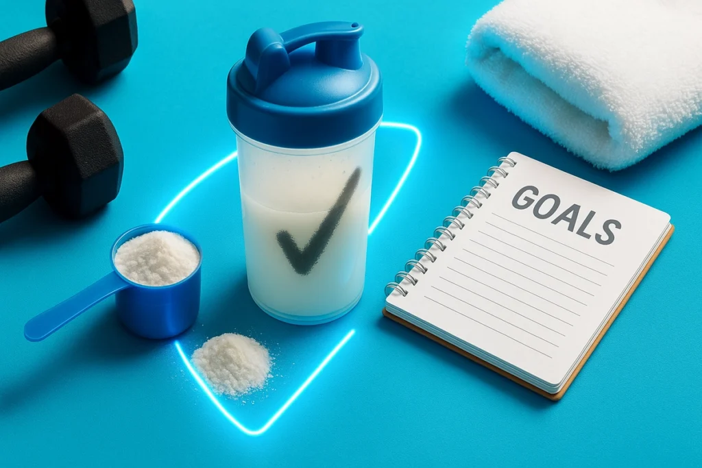 Essential amino acid supplement beside dumbbells and workout goals notebook for women