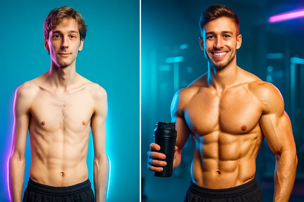 Skinny guy muscle transformation after using whey protein shakes and training