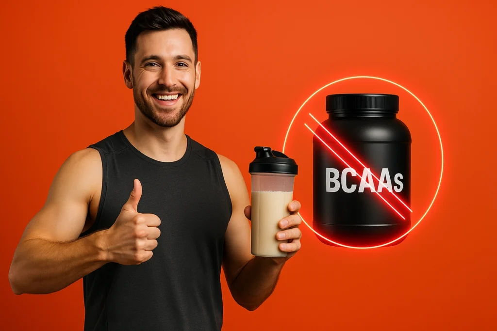 Coach holding whey shake with crossed-out BCAA tub, signaling when supplements are unnecessary