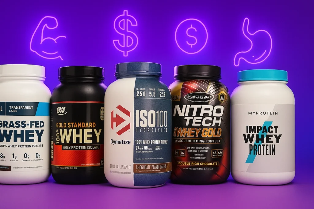 Best 5 whey protein powders for men with icons for goals and features