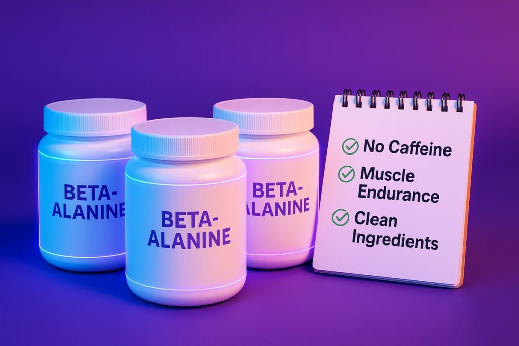 Three caffeine-free beta-alanine supplement options on table with a quick checklist for clean energy and endurance