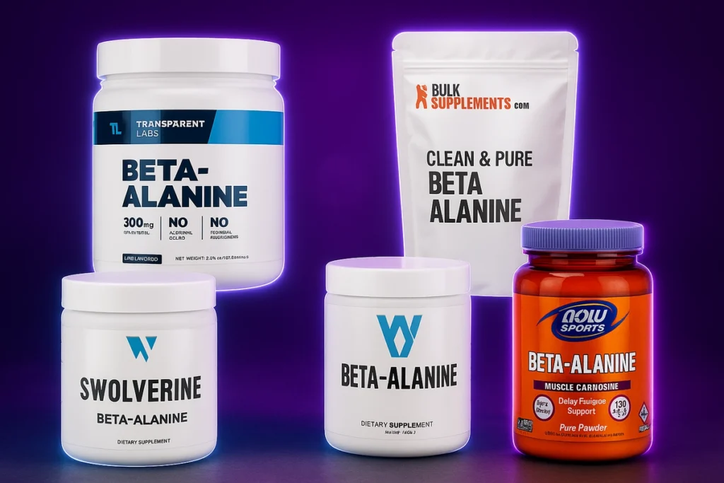 Transparent Labs, BulkSupplements, Swolverine, and NOW Sports beta-alanine bottles arranged for comparison