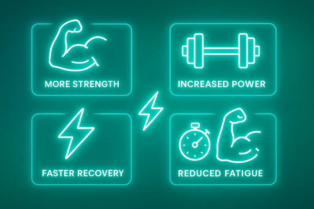 Infographic showing top benefits of creatine including strength, power, and recovery support