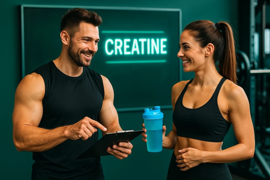 Personal trainer coaching a client on using creatine effectively without bloat