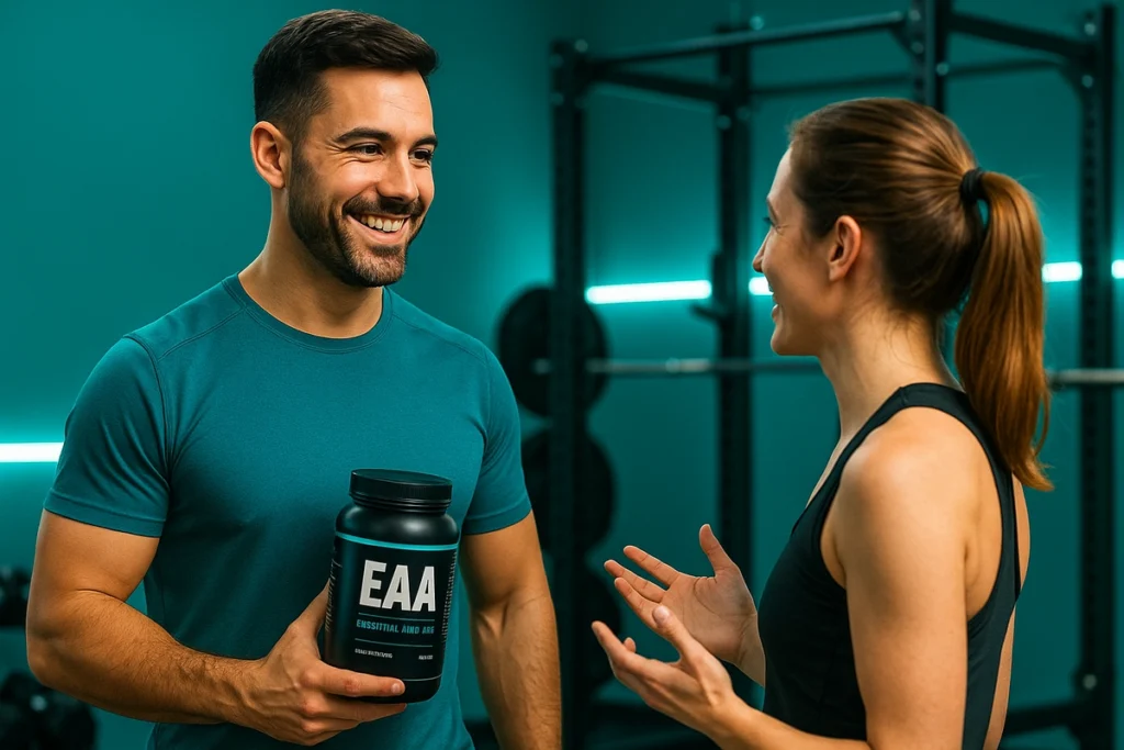 Fitness trainer advising client on best way to use EAAs for muscle gains and recovery
