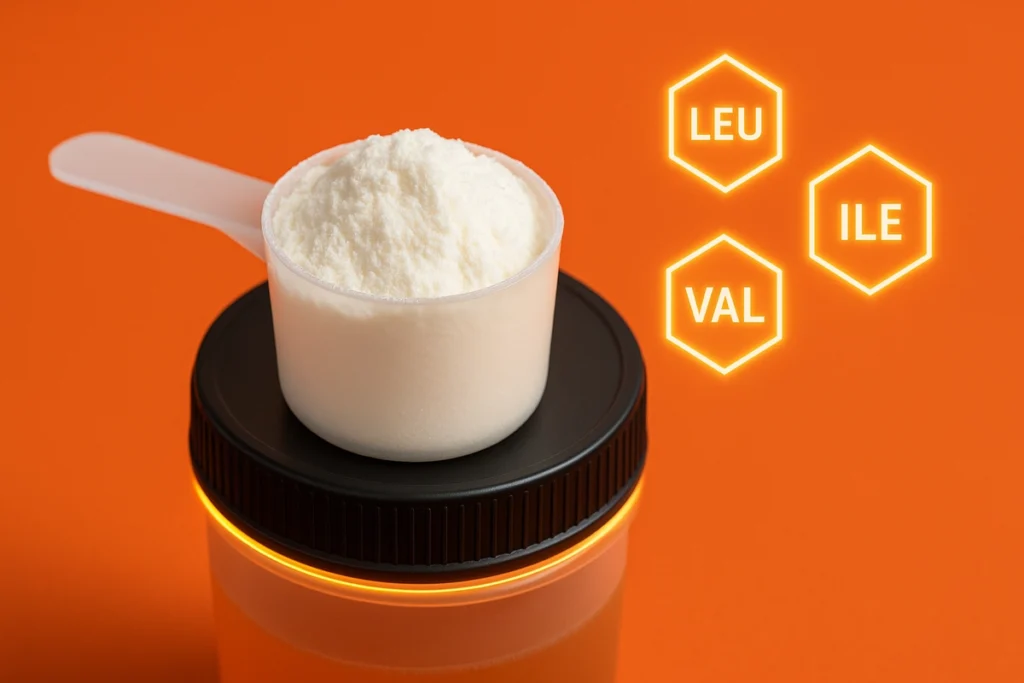Scoop of BCAA powder and shaker bottle with amino acid icons for leucine, isoleucine, and valine