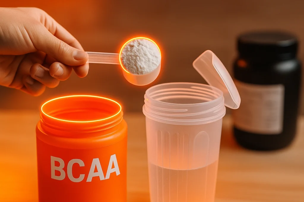 Hand scooping BCAA powder for pre-workout timing and energy boost