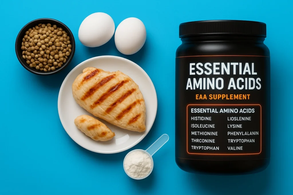 EAA supplement with high-protein foods and amino acid label