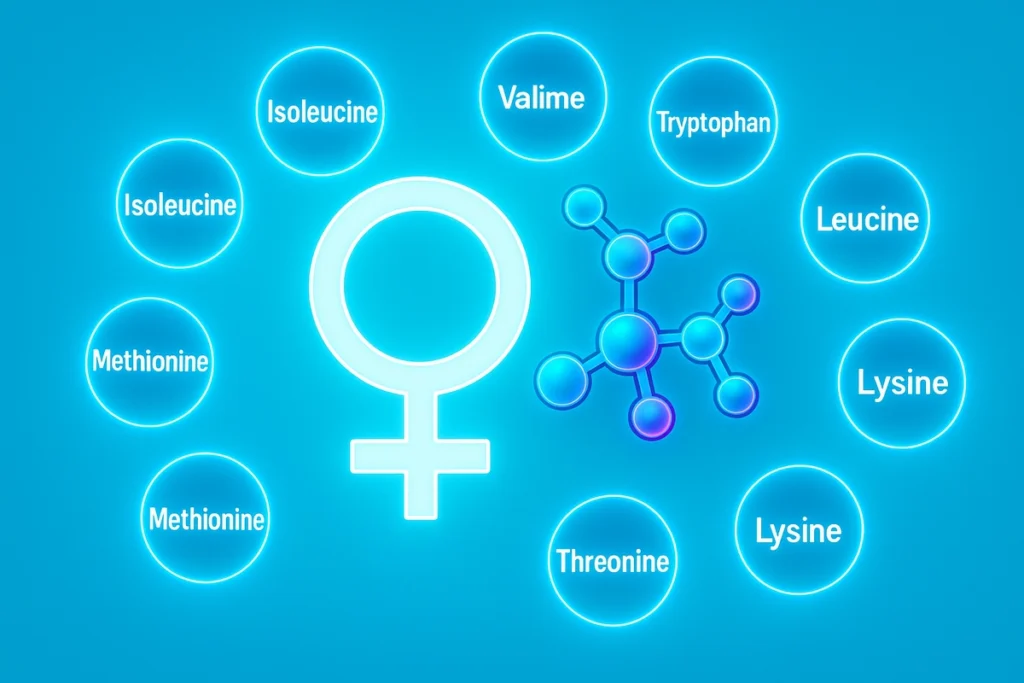 Visual representation of essential amino acids for women with protein molecule icons