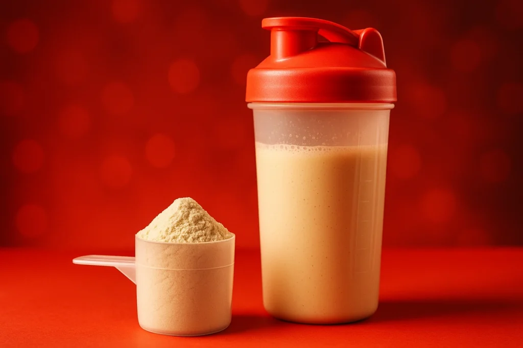 Casein protein powder in shaker with nighttime recovery concept
