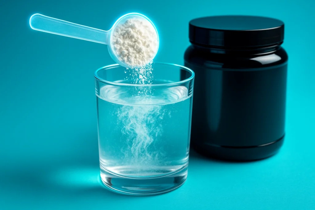 fast-dissolving creatine HCL in water with modern supplement setting