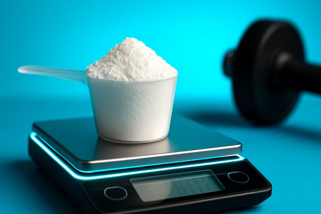 pure creatine monohydrate powder on scale with fitness background