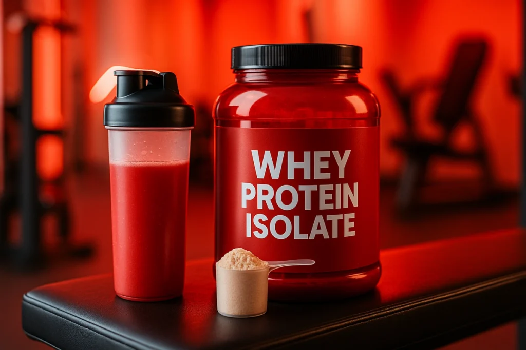 Whey isolate protein on gym bench for fast post-workout recovery